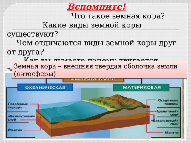 Вспомните!  Что такое земная кора?  Какие виды земной коры существуют?  Чем отличаются виды земной коры друг от друга?  Как вы думаете почему двигается земная кора? Земная кора – внешняя твердая оболочка земли (литосферы) 