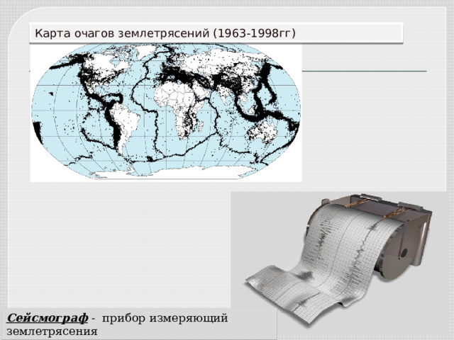 Карта очагов землетрясений (1963-1998гг) Сейсмограф - прибор измеряющий землетрясения 