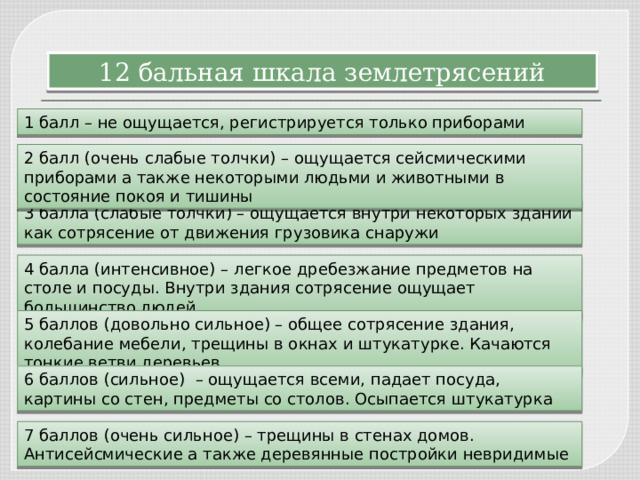 12 бальная шкала землетрясений 1 балл – не ощущается, регистрируется только приборами 2 балл (очень слабые толчки) – ощущается сейсмическими приборами а также некоторыми людьми и животными в состояние покоя и тишины 3 балла (слабые толчки) – ощущается внутри некоторых зданий как сотрясение от движения грузовика снаружи 4 балла (интенсивное) – легкое дребезжание предметов на столе и посуды. Внутри здания сотрясение ощущает большинство людей. 5 баллов (довольно сильное) – общее сотрясение здания, колебание мебели, трещины в окнах и штукатурке. Качаются тонкие ветви деревьев 6 баллов (сильное) – ощущается всеми, падает посуда, картины со стен, предметы со столов. Осыпается штукатурка 7 баллов (очень сильное) – трещины в стенах домов. Антисейсмические а также деревянные постройки невридимые 