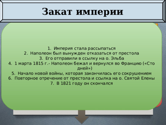 Закат империи Закат империи Империя стала рассыпаться Наполеон был вынужден отказаться от престола Его отправили в ссылку на о. Эльба 1 марта 1815 г.- Наполеон бежал и вернулся во Францию («Сто дней») Начало новой войны, которая закончилась его сокрушением Повторное отречение от престола и ссылка на о. Святой Елены В 1821 году он скончался К началу 1810 г. – Империя превратилась в самую могущественную державу Европы . Внутренняя политика: Объединил расколотое общество; Создал стабильную государственную и финансовую системы Трудности Империи: Финансовый кризис; Нарастание противоречий с Россией; Покоренная Европа выступила против Франции; 