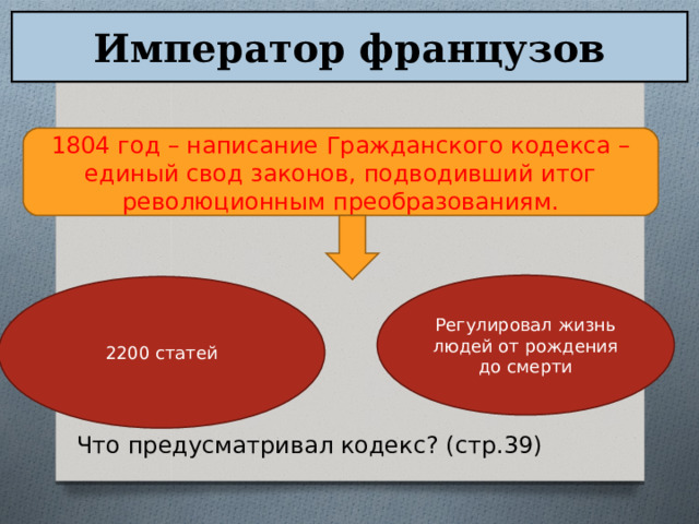 Император французов  Что предусматривал кодекс? (стр.39) 1804 год – написание Гражданского кодекса – единый свод законов, подводивший итог революционным преобразованиям. Регулировал жизнь людей от рождения до смерти 2200 статей 