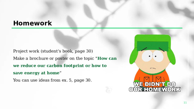 Homework Project work (student’s book, page 30) Make a brochure or poster on the topic 