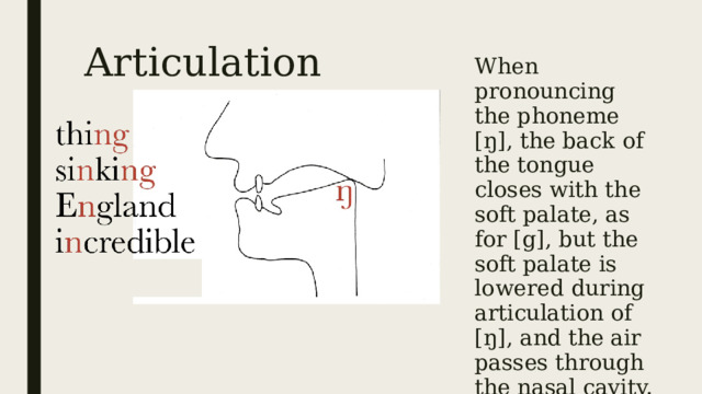Articulation When pronouncing the phoneme [ŋ], the back of the tongue closes with the soft palate, as for [g], but the soft palate is lowered during articulation of [ŋ], and the air passes through the nasal cavity. 
