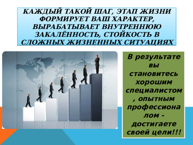 КАЖДЫЙ ТАКОЙ ШАГ, ЭТАП ЖИЗНИ ФОРМИРУЕТ ВАШ ХАРАКТЕР, ВЫРАБАТЫВАЕТ ВНУТРЕННЮЮ ЗАКАЛЁННОСТЬ, СТОЙКОСТЬ В СЛОЖНЫХ ЖИЗНЕННЫХ СИТУАЦИЯХ В результате вы становитесь хорошим специалистом, опытным профессионалом - достигаете своей цели!!! 