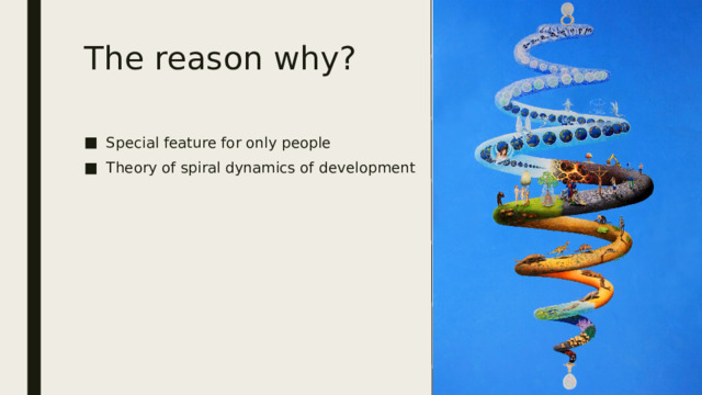 The reason why? Special feature for only people Theory of spiral dynamics of development 