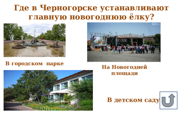 Где в Черногорске устанавливают главную новогоднюю ёлку? В городском парке На Новогодней площади В детском саду 