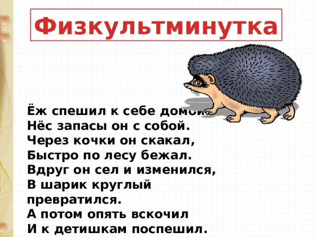 Физкультминутка Ёж спешил к себе домой,  Нёс запасы он с собой.  Через кочки он скакал,  Быстро по лесу бежал.  Вдруг он сел и изменился,  В шарик круглый превратился.  А потом опять вскочил  И к детишкам поспешил. 