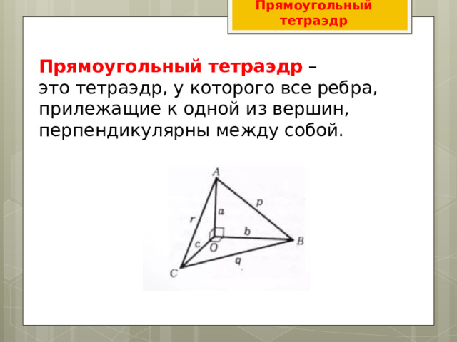 Прямоугольный  тетраэдр Прямоугольный   тетраэдр  – это тетраэдр, у которого все ребра, прилежащие к одной из вершин, перпендикулярны между собой. 