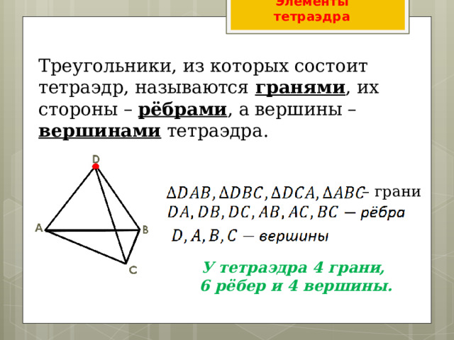 Элементы тетраэдра Треугольники, из которых состоит тетраэдр, называются гранями , их стороны – рёбрами , а вершины – вершинами тетраэдра.   – грани У тетраэдра 4 грани,  6 рёбер и 4 вершины. 