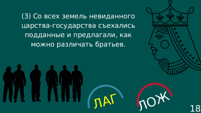 ЛАГ ЛОЖ (3) Со всех земель невиданного царства-государства съехались подданные и предлагали, как можно различать братьев. 18 