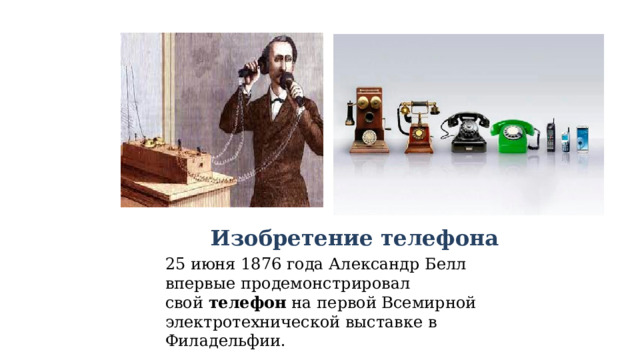 Изобретение телефона 25 июня 1876 года Александр Белл впервые продемонстрировал свой  телефон  на первой Всемирной электротехнической выставке в Филадельфии.  