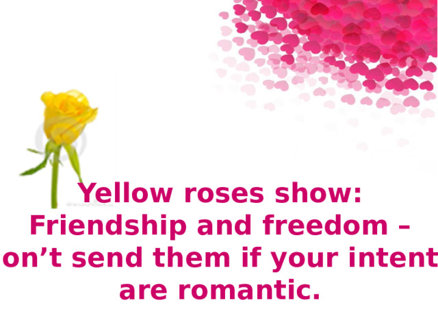 Yellow roses show: Friendship and freedom – so don’t send them if your intentions are romantic. 
