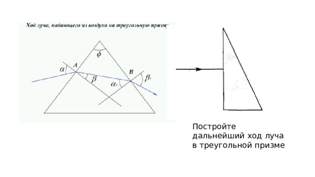Постройте дальнейший ход луча в треугольной призме 