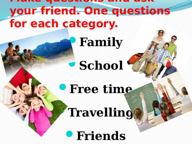 Make questions and ask your friend. One questions for each category. Family School Free time Travelling Friends 