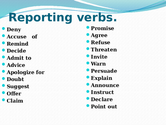 Reporting verbs. Promise Agree Refuse Threaten Invite Warn Persuade Explain Announce Instruct Declare Point out Deny Accuse of Remind Decide Admit to Advice Apologize for Doubt Suggest Offer Claim 
