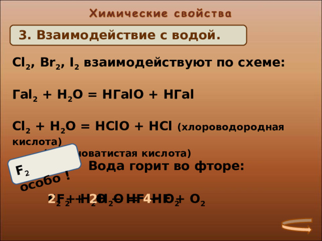 F 2  особо ! 3. Взаимодействие с водой. Cl 2 , Br 2 , I 2  взаимодействуют по схеме:  Г al 2 + H 2 O = H Г al О + НГ al  Cl 2 + H 2 O = HClO + HCl  ( хлороводородная кислота)  (хлорноватистая кислота) Вода горит во фторе: F 2 + H 2 O − HF + O 2  2 F 2 + 2 H 2 O = 4 HF + O 2  21 