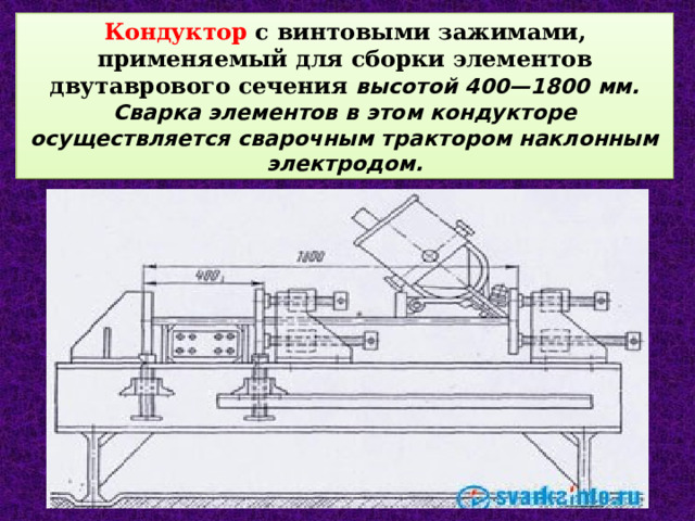 Кондуктор с винтовыми зажимами, применяемый для сборки элементов двутаврового сечения высотой 400—1800 мм. Сварка элементов в этом кондукторе осуществляется сварочным трактором наклонным электродом. 