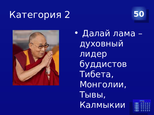 Категория 2 50  Далай лама – духовный лидер буддистов Тибета, Монголии, Тывы, Калмыкии 
