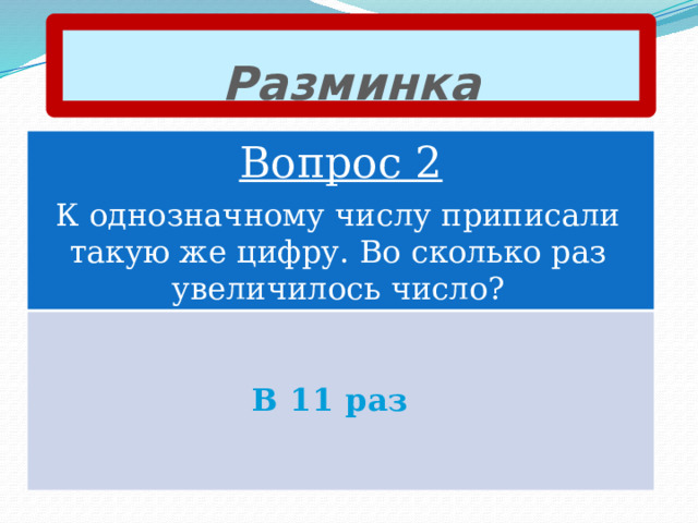 Разминка Вопрос 2 К однозначному числу приписали такую же цифру. Во сколько раз увеличилось число? В 11 раз 