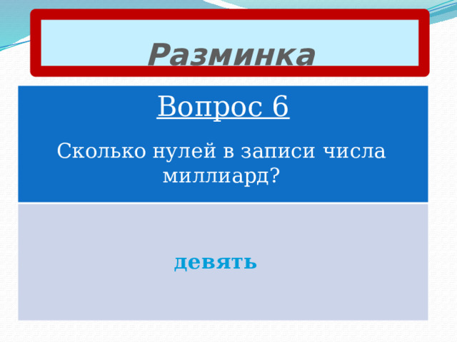 Разминка Вопрос 6 Сколько нулей в записи числа миллиард? девять 