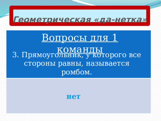 Геометрическая «да-нетка» Вопросы для 1 команды 3. Прямоугольник, у которого все стороны равны, называется ромбом. нет 