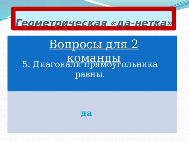 Геометрическая «да-нетка» Вопросы для 2 команды 5. Диагонали прямоугольника равны. да 