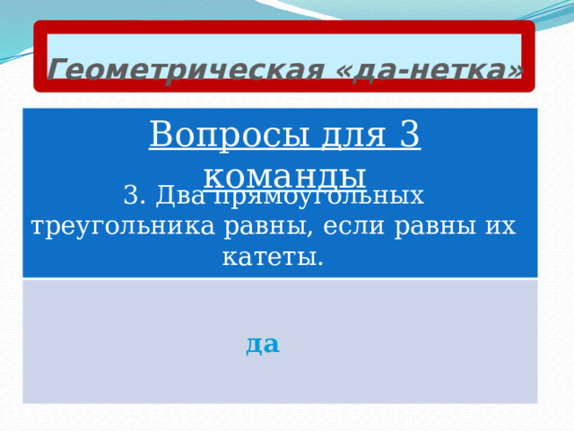 Геометрическая «да-нетка» Вопросы для 3 команды 3. Два прямоугольных треугольника равны, если равны их катеты. да 