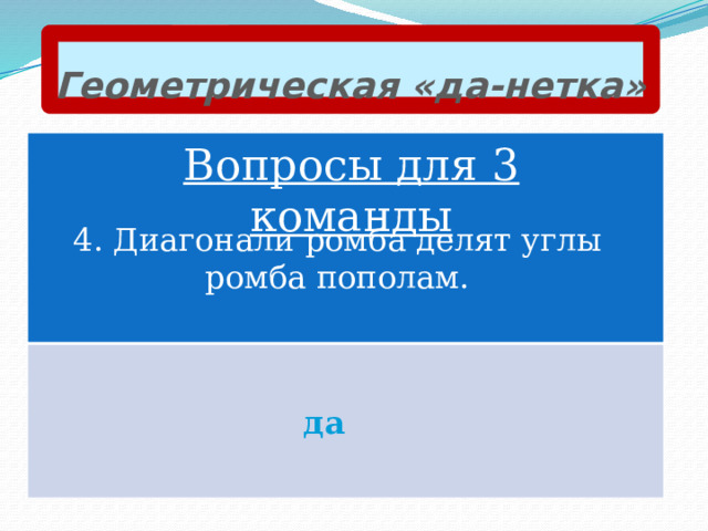 Геометрическая «да-нетка» Вопросы для 3 команды 4. Диагонали ромба делят углы ромба пополам. да 