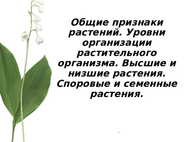      Общие признаки растений. Уровни организации растительного организма. Высшие и низшие растения. Споровые и семенные растения. . 