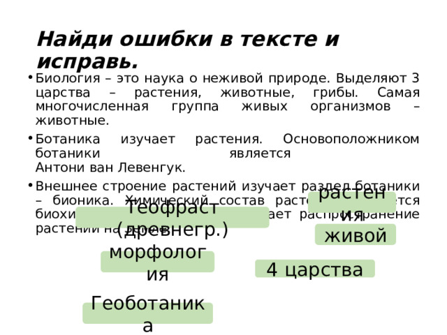 Найди ошибки в тексте и исправь. Биология – это наука о неживой природе. Выделяют 3 царства – растения, животные, грибы. Самая многочисленная группа живых организмов – животные. Ботаника изучает растения. Основоположником ботаники является  Антони ван Левенгук. Внешнее строение растений изучает раздел ботаники – бионика. Химический состав растений изучается биохимией. Палеоботаника изучает распространение растений на Земле. растения Теофраст (древнегр.) живой морфология 4 царства Геоботаника 