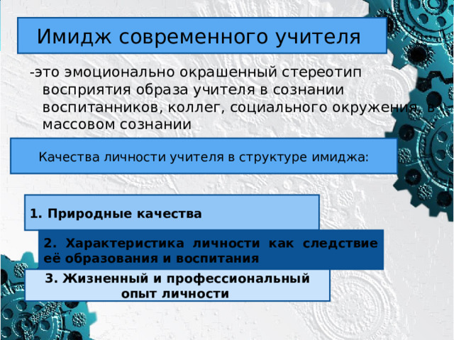 Имидж современного учителя -это эмоционально окрашенный стереотип восприятия образа учителя в сознании воспитанников, коллег, социального окружения, в массовом сознании Качества личности учителя в структуре имиджа: 1. Природные качества 2. Характеристика личности как следствие её образования и воспитания 3. Жизненный и профессиональный опыт личности 
