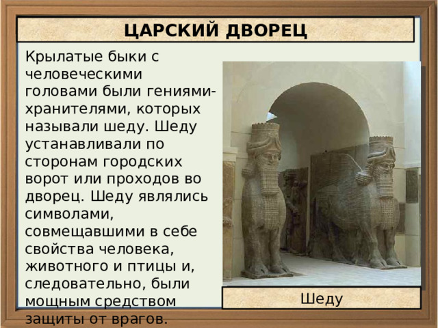 ЦАРСКИЙ ДВОРЕЦ Крылатые быки с человеческими головами были гениями-хранителями, которых называли шеду. Шеду устанавливали по сторонам городских ворот или проходов во дворец. Шеду являлись символами, совмещавшими в себе свойства человека, животного и птицы и, следовательно, были мощным средством защиты от врагов . Шеду 