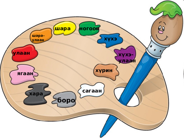 шара ногоон шара- улаан х ү хэ улаан х ү хэ- улаан х үрин ягаан сагаан хара боро 