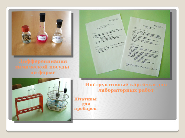 Дифференциация  химической посуды  по форме Инструктивные карточки для лабораторных работ  Штативы  для пробирок 