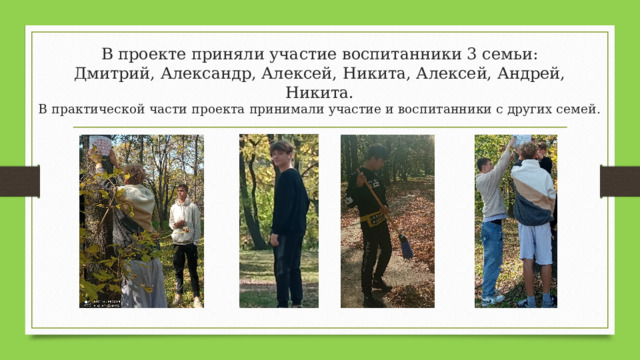 В проекте приняли участие воспитанники 3 семьи:  Дмитрий, Александр, Алексей, Никита, Алексей, Андрей, Никита.  В практической части проекта принимали участие и воспитанники с других семей. 