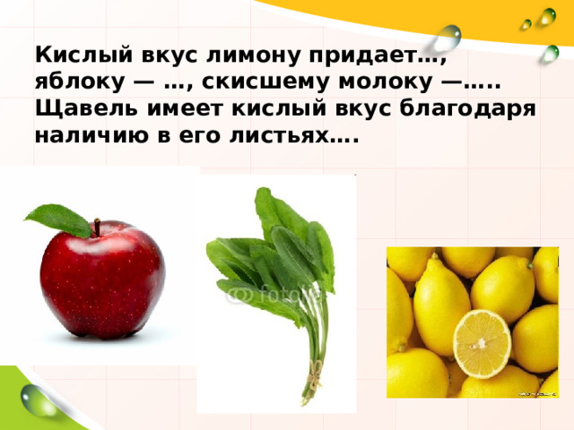 Кислый вкус лимону придает…, яблоку — …, скисшему молоку —….. Щавель имеет кислый вкус благодаря наличию в его листьях…. 
