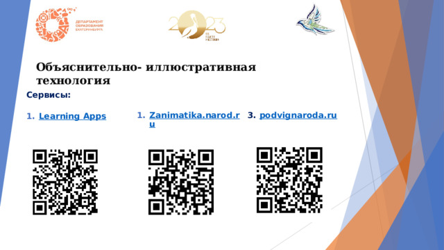 Объяснительно- иллюстративная технология Сервисы:    Learning   Apps   Zanimatika.narod.ru   3. podvignaroda.ru 