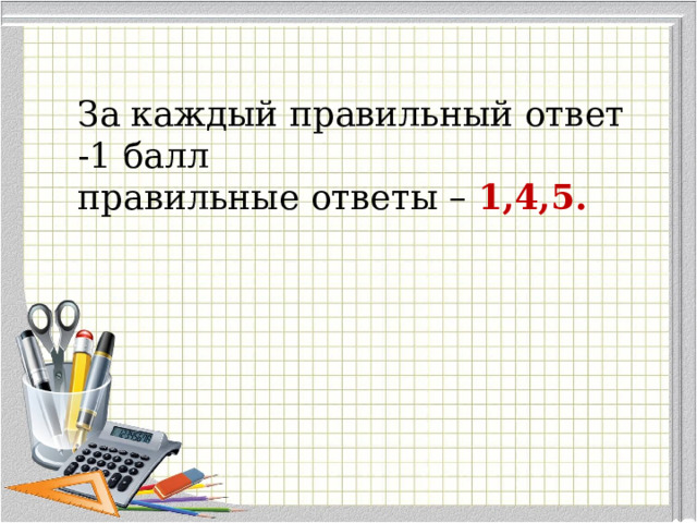 За каждый правильный ответ -1 балл правильные ответы – 1,4,5. 