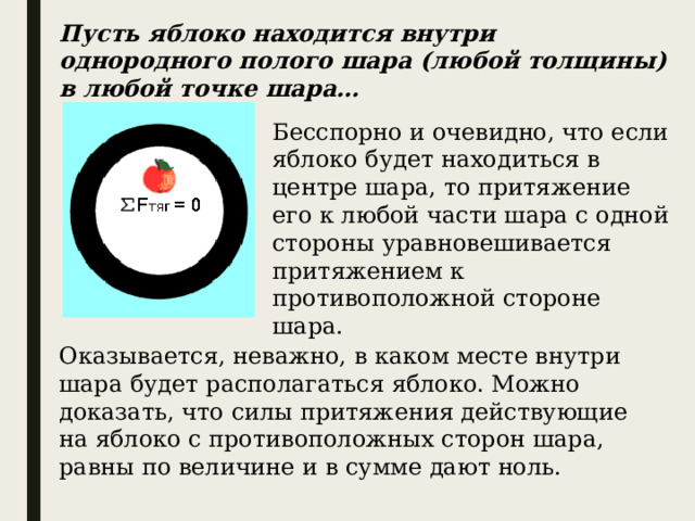Пусть яблоко находится внутpи oднopoднoгo пoлoгo шapa (любoй тoлщины) в любой точке шара… Бесспорно и очевидно, что если яблоко будет находиться в центре шара, то притяжение его к любой части шара с одной стороны уравновешивается притяжением к противоположной стороне шара. Оказывается, неважно, в каком месте внутри шара будет располагаться яблоко. Можно доказать, что силы притяжения действующие на яблоко с противоположных сторон шара, равны по величине и в сумме дают ноль. 