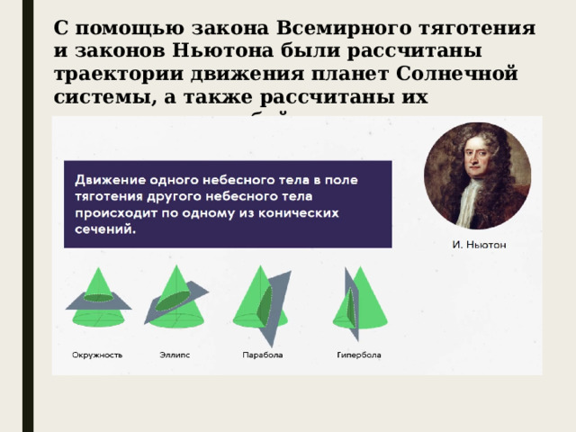 С помощью закона Всемирного тяготения и законов Ньютона были рассчитаны траектории движения планет Солнечной системы, а также рассчитаны их координаты в любой момент времени на много лет вперед. 