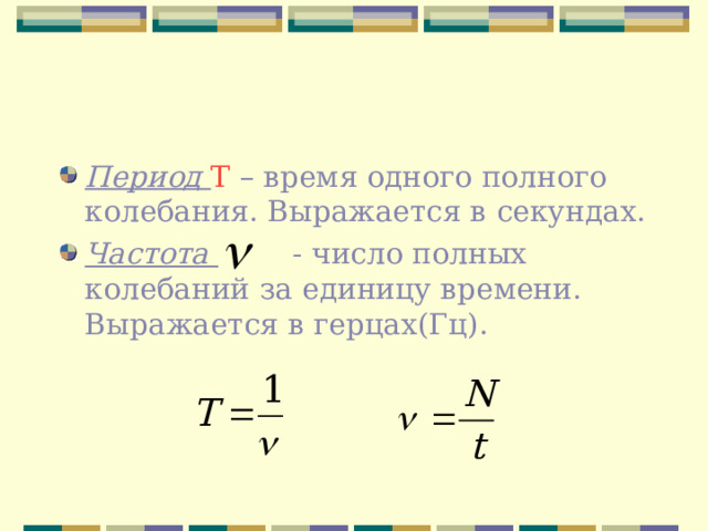 Период Т – время одного полного колебания. Выражается в секундах. Частота - число полных колебаний за единицу времени. Выражается в герцах(Гц). 