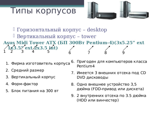 Типы корпусов Горизонтальный корпус – desktop Вертикальный корпус – tower Горизонтальный корпус – desktop Вертикальный корпус – tower Горизонтальный корпус – desktop Вертикальный корпус – tower Asus Midi Tower ATX ( БП 300Вт Pentium-4)(3x5.25” ext 1x3.5” ext 2x3.5 int) 5 2 4 3 1 6 7 8 9 Пригоден для компьютеров класса Pentium4 Имеется 3 внешних отсека под CD DVD дисководы Одно внешнее устройство 3,5 дюйма ( FDD -привод или дискета) 2 внутренних отсека по 3.5 дюйма ( HDD или винчестер) Фирма изготовитель корпуса Средний размер Вертикальный корпус Форм-фактор Блок питания на 300 вт 