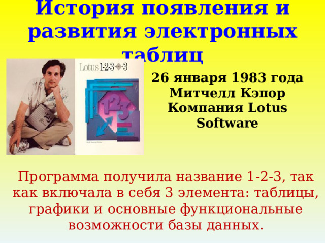 История появления и развития электронных таблиц  26 января 1983 года Митчелл Кэпор Компания Lotus Software Программа получила название 1-2-3, так как включала в себя 3 элемента: таблицы, графики и основные функциональные возможности базы данных.  