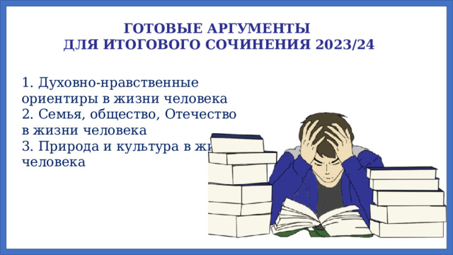 ГОТОВЫЕ АРГУМЕНТЫ ДЛЯ ИТОГОВОГО СОЧИНЕНИЯ 2023/24 1. Духовно-нравственные ориентиры в жизни человека 2. Семья, общество, Отечество в жизни человека 3. Природа и культура в жизни человека 