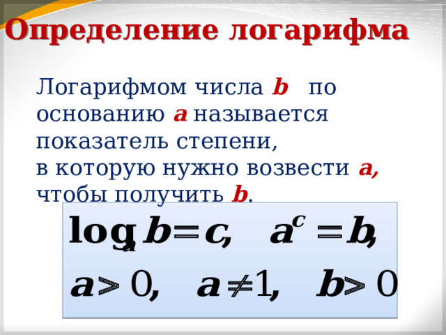 Определение логарифма Логарифмом числа b  по основанию а называется показатель степени,  в которую нужно возвести а, чтобы получить b . 