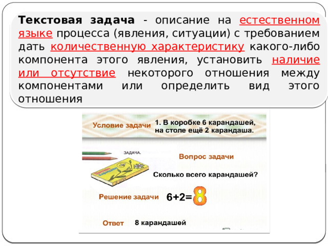 Текстовая задача - описание на естественном языке  процесса (явления, ситуации) с требованием дать количественную характеристику  какого-либо компонента этого явления, установить наличие или отсутствие некоторого отношения между компонентами или определить вид этого отношения 