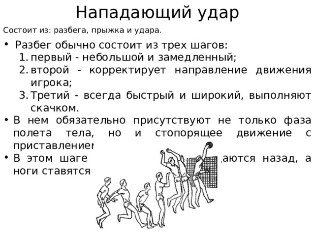 Нападающий удар Состоит из: разбега, прыжка и удара. Разбег обычно состоит из трех шагов: первый - небольшой и замедленный; второй - корректирует направление движения игрока; Третий - всегда быстрый и широкий, выполняют скачком. первый - небольшой и замедленный; второй - корректирует направление движения игрока; Третий - всегда быстрый и широкий, выполняют скачком. В нем обязательно присутствуют не только фаза полета тела, но и стопорящее движение с приставлением одной ноги к другой. В этом шаге руки и туловище подаются назад, а ноги ставятся на опору с пяток . 