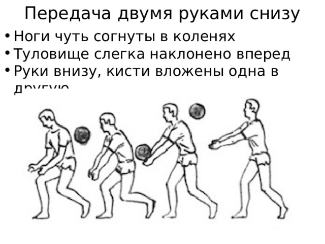 Передача двумя руками снизу Ноги чуть согнуты в коленях Туловище слегка наклонено вперед Руки внизу, кисти вложены одна в другую 
