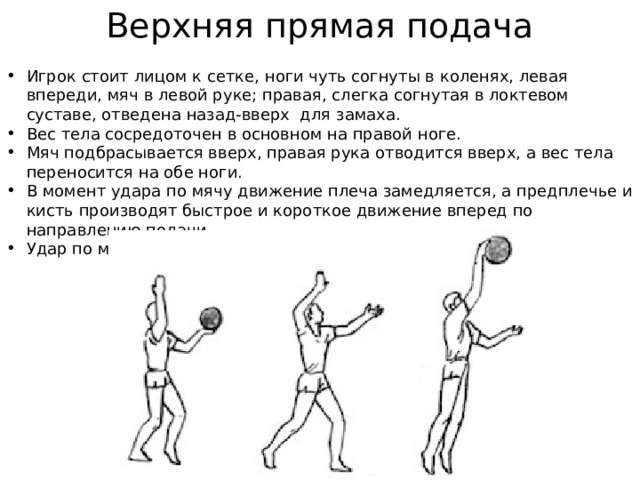 Верхняя прямая подача Игрок стоит лицом к сетке, ноги чуть согнуты в коленях, левая впереди, мяч в левой руке; правая, слегка согнутая в локтевом суставе, отведена назад-вверх для замаха. Вес тела сосредоточен в основном на правой ноге. Мяч подбрасывается вверх, правая рука отводится вверх, а вес тела переносится на обе ноги. В момент удара по мячу движение плеча замедляется, а предплечье и кисть производят быстрое и короткое движение вперед по направлению подачи. Удар по мячу производится напряженной ладонью. 