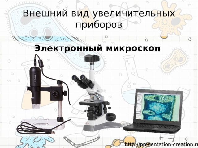 Внешний вид увеличительных приборов Электронный микроскоп 